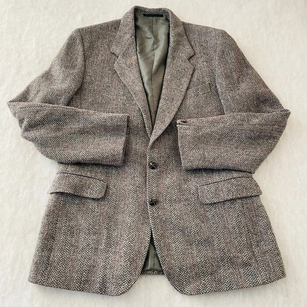 Harris Tweed Handwoven Mens Gray Single Breasted Herringbone Blazer L41